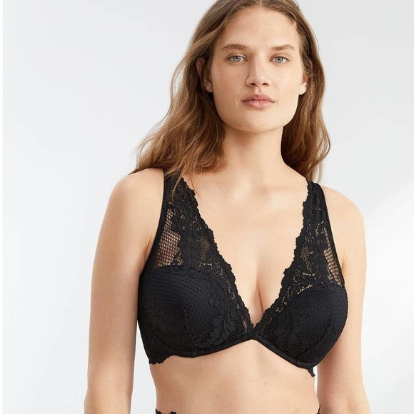 Le Mystere Lace Allure Plunge Underwire Demi Bra Black Women's Size 36DD NWT